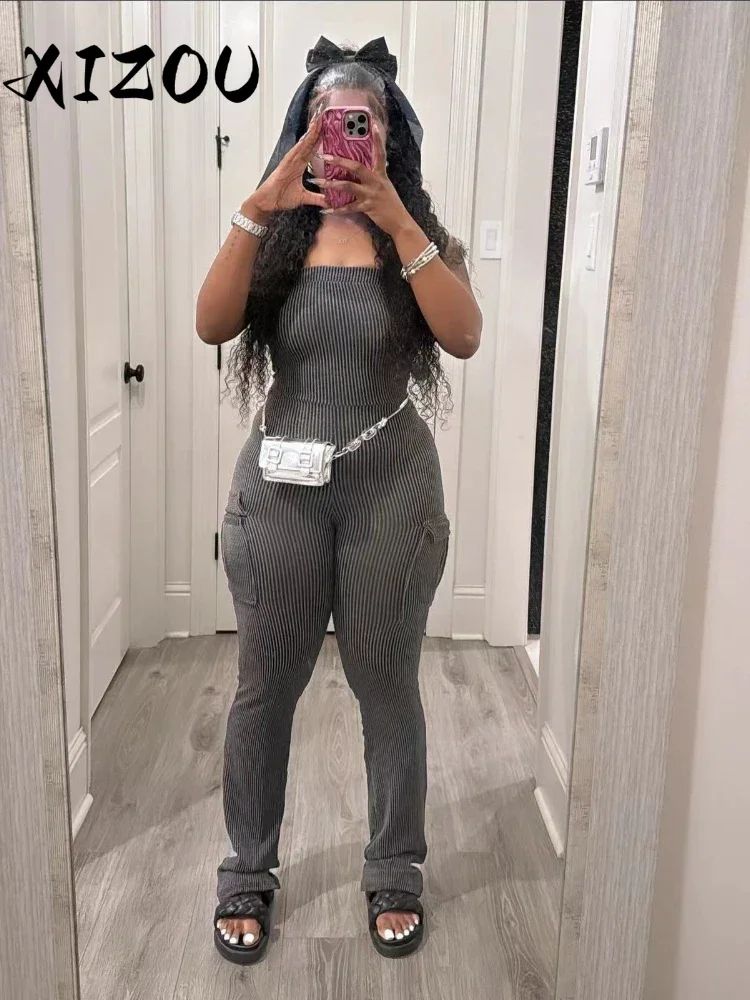 XIZOU элегантные вязаные комбинезоны без бретелек с открытыми плечами и карманами