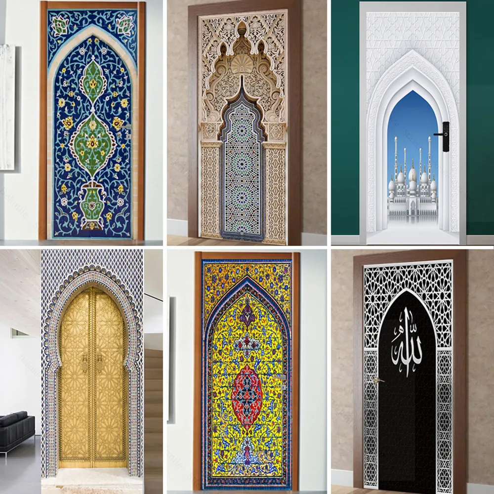 

PVC Self-adhesive Removable Muslim Arabic Door Sticker Allahu Islamic Wallpaper Living Room Door Decor 3D Decal Wall Stickers