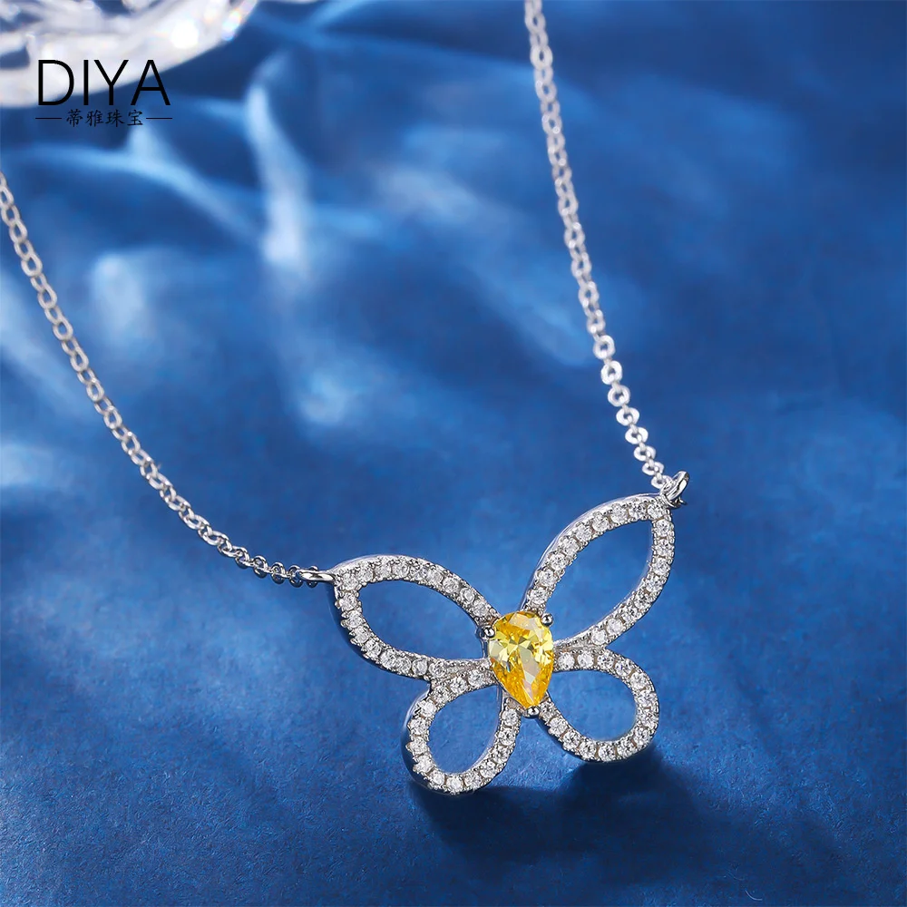 

real brand genuine jewels S925 Silver Butterfly Full Diamond Zircon Emerald Collar Chain Korean Version Light Luxury Live Versat
