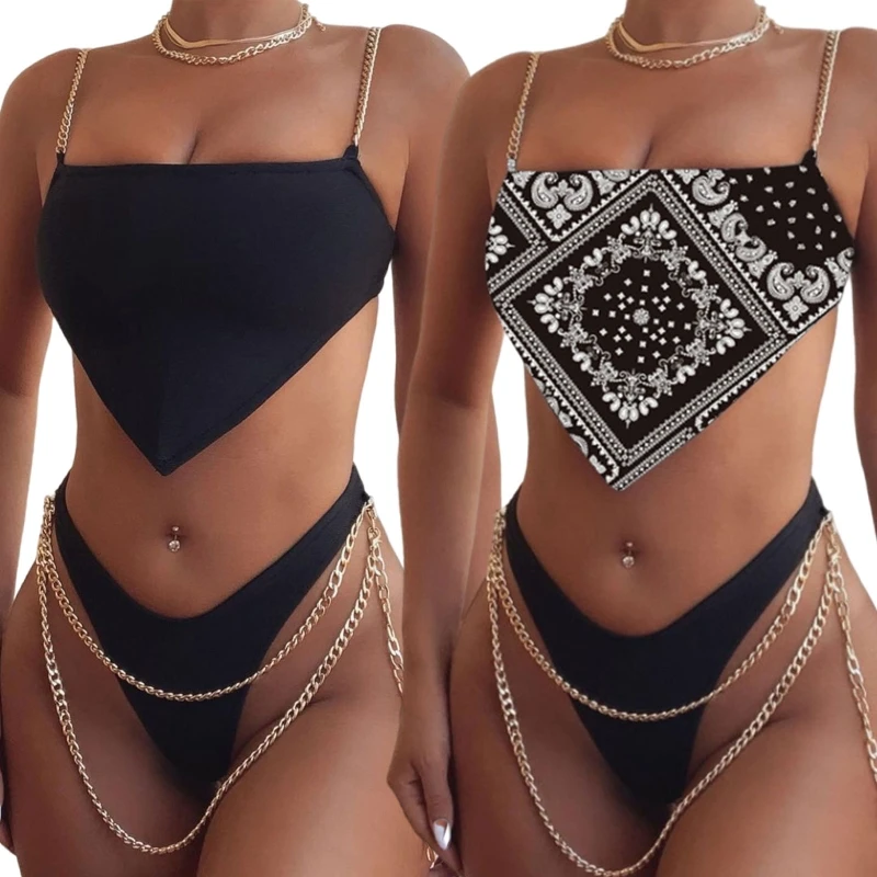 

Женский комплект из двух предметов, мягкая сумка с принтом, бикини, пикантный купальный костюм на бретелях-спагетти