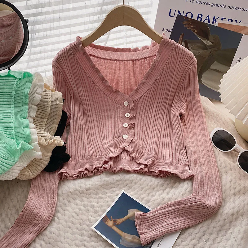 

Кардидж вязаный женский, с оборками, однобортный, с длинным рукавом, винтажный