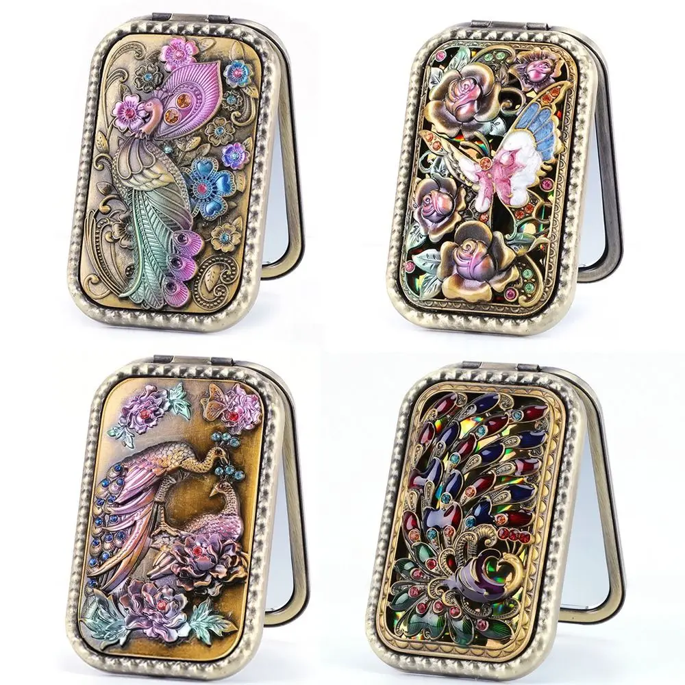 

Retro Makeup Mirror European Style Vintage Square Cosmetic Folding Mirror 2X Magnification Peacock Compact Pocket Mirror Beauty