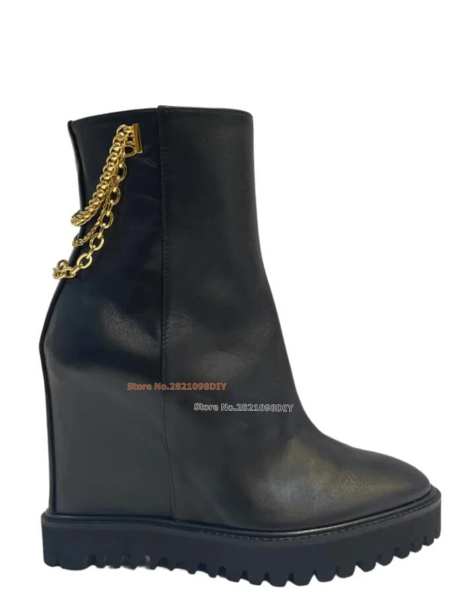 Metal Chains Black Leather Wedge Boots Women High Heel Ankle Boot Height Increased Chunky Heeled Pointed Toe Shoes