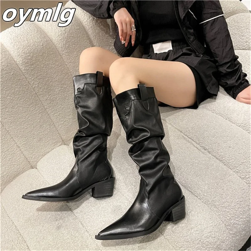 

Western cowboy boots women's thick heel pointed toe2022autumn and winter new black boots tide cool high boots pleated pile boots