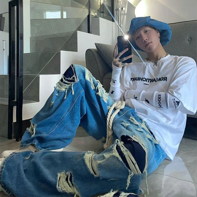 DEEPTOWN Ripped Straight Jeans Punk Hole Distressed Denim Pants Male Loose Casual Cowboy Trousers Vintage Streetwear Hip Hop