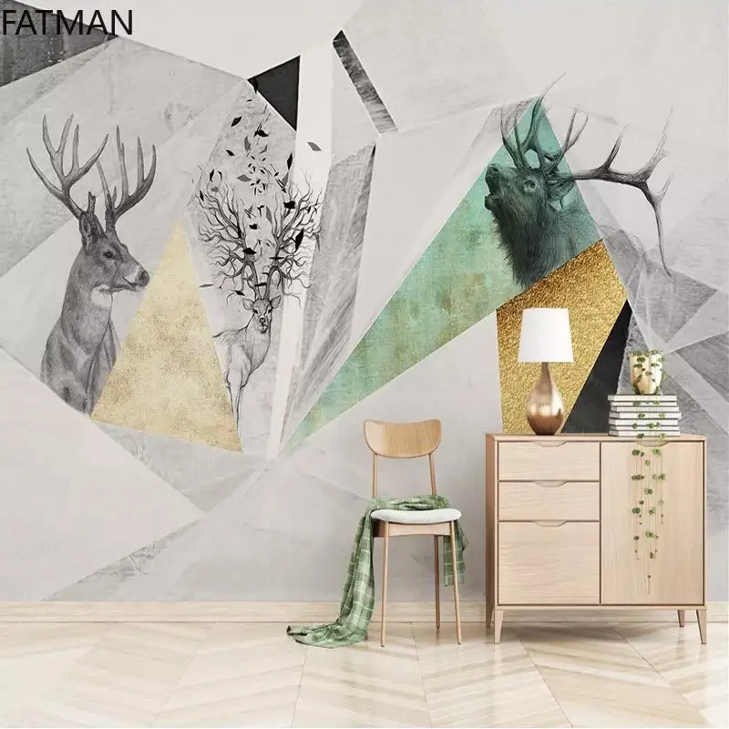 

FATMAN Custom Modern Minimalist Geometric Graphics Hand-painted Elk Mural Wall Covering Nordic Style 3D Wallpaper Dropship
