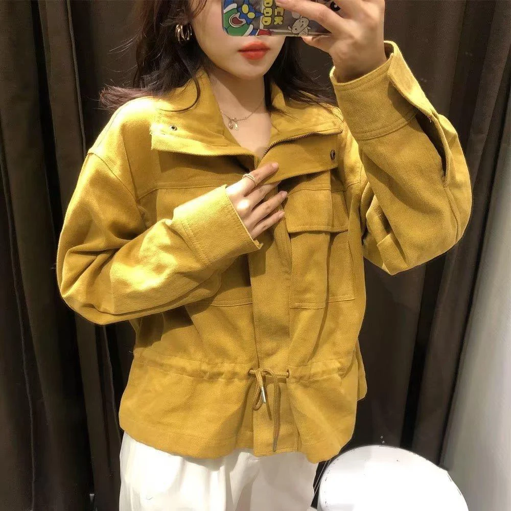 

Женская демисезонная куртка на шнурке, однотонная Свободная куртка с длинным рукавом и воротником-стойкой, 2024