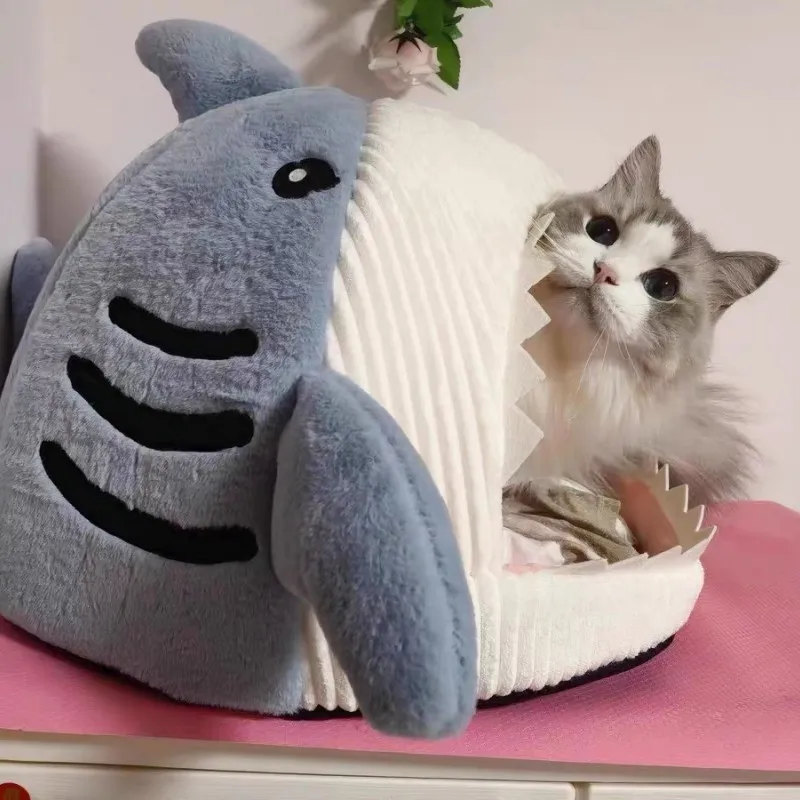 

Cat Bed Semi-enclosed Warm Pet Beds Big Mouth Shark Dog Kennel Kittens Basket Cushion Cat House Tent Puppy Cave Cats Accessories