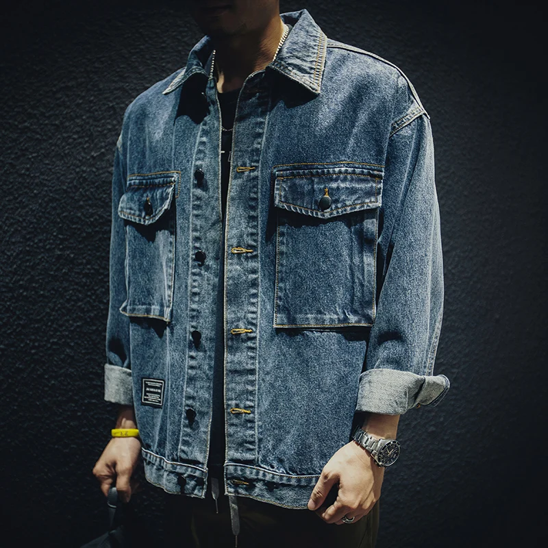 New Men's Ripped Denim Jacket  Retro Distressed Water Wash Classic Pocket Design  Motorcycle Casual Coat Spring Top A21