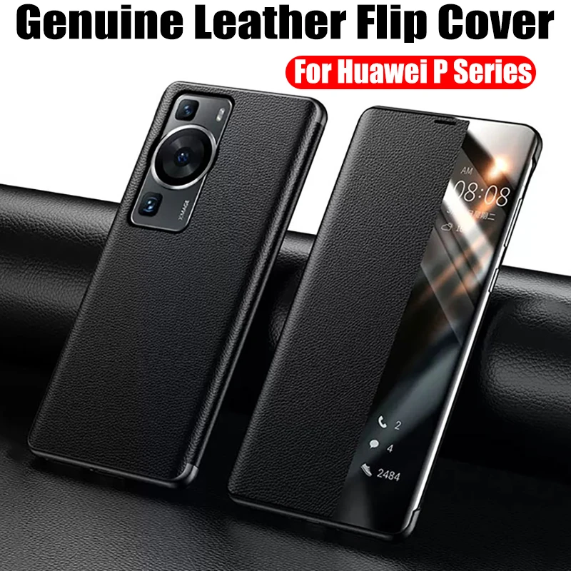 

Genuine Leather Flip Cover Case For Huawei P60 P50 P40 Pro P30 P20 Mate 50 40 30 20 Pro RS Mirror Smart Touch View Wake Up Sleep