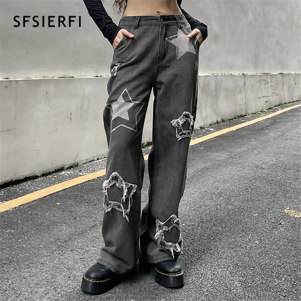 

SFSIERFI Patchwork Printing Y2K Baggy Jeans Streetwear High Waist Straight y2k Jeans Trend Wide Leg Pants Korean Fashion Trouser