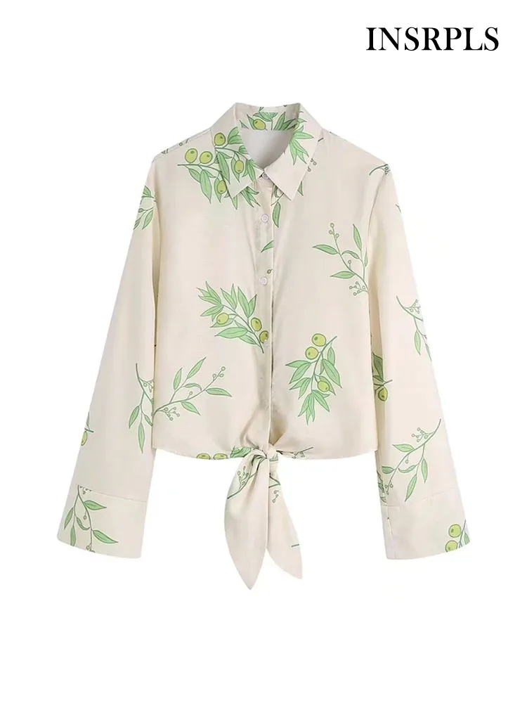 

INSRPLS Women Fashion With Bow Tied Printed Cropped Blouses Vintage Long Sleeve Front Buttons Female Shirts Chic Tops