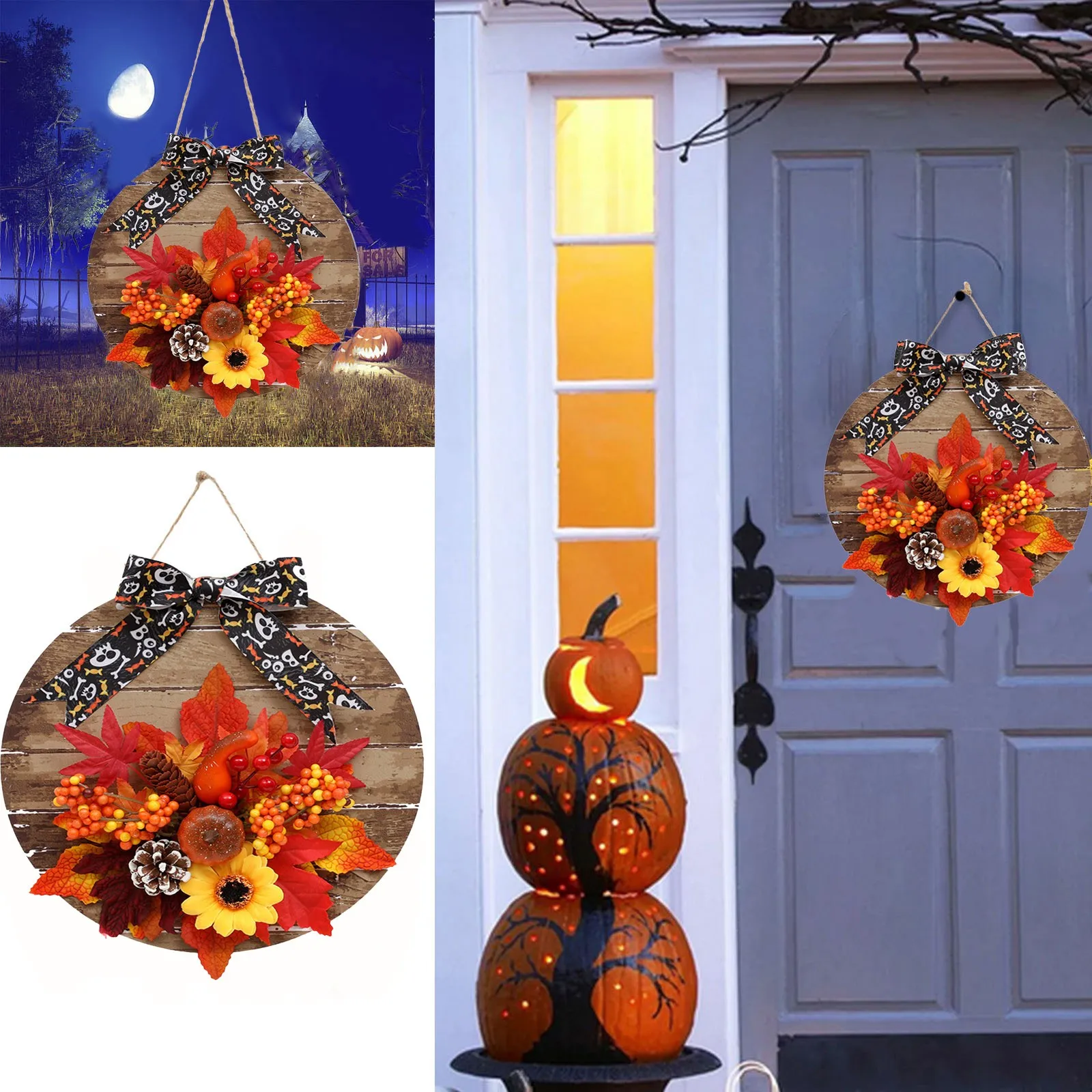 

Wood Welcome Signs for Front Porch 6ft Halloween Wreath Decorative Bow Maple Pumpkin Wall Hanging Thanksgiving Pendant