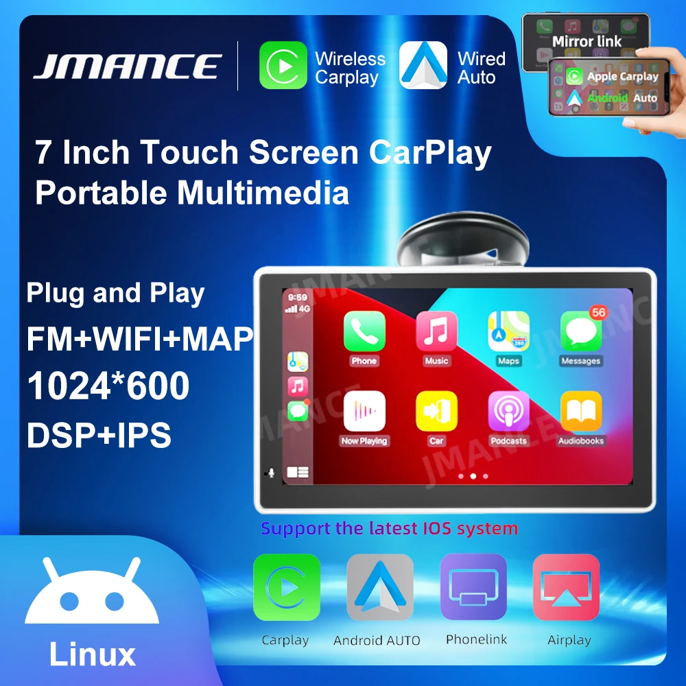 JMANCE Car Portable Wireless 7 pollici Touch Screen Apple CarPlay Tablet Android Radio Multimedia navigazione Bluetooth HD1080 Stere