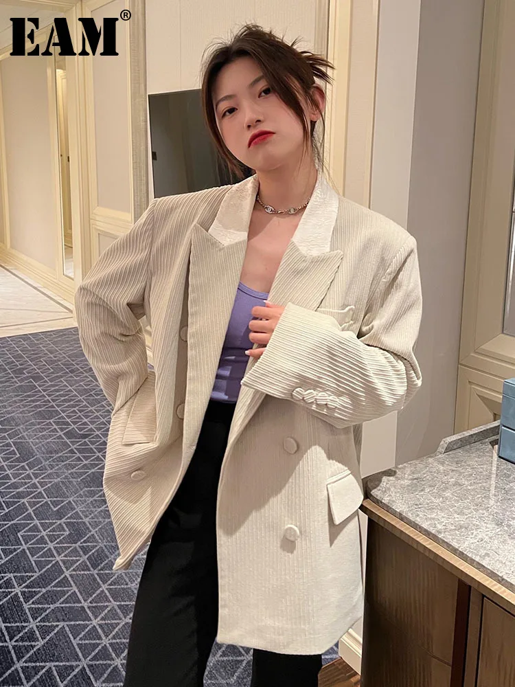 

[EAM] Women Corduroy Purple Big Size Blazer New Lapel Long Sleeve Loose Fit Jacket Fashion Tide Spring Autumn 2022 1DE7187