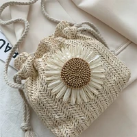straw bag women hand woven handbag summer cute flower bucket rattan drawstring casual beach shoulder crossbody bags 2022 new