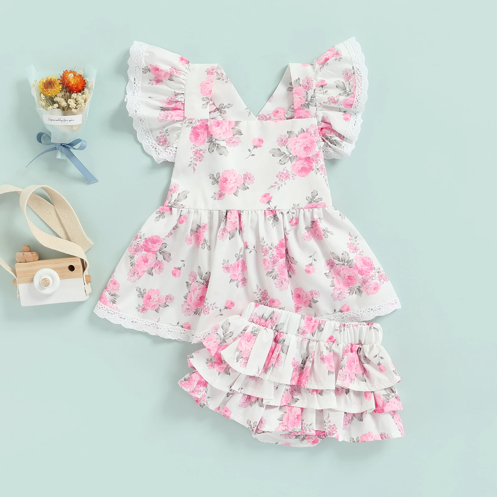 

Newborn Infant Baby Girls Clothes Set Flower Print Lace Ruffle T-shirt Shorts Outfits Summer Toddler Costumes D35