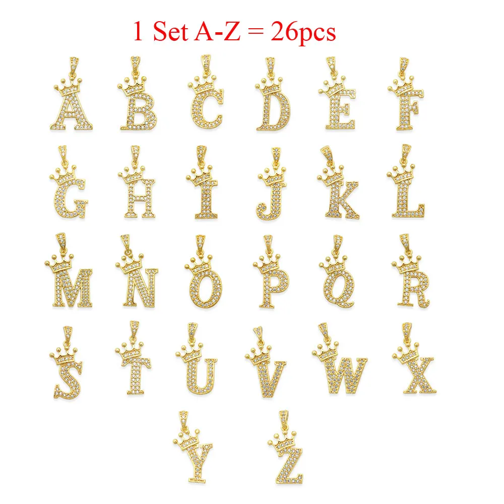 

1 Set 26pcs A-Z diy Crown Letter Pendant Wholesale Inital Name Cubic Zirconia Jewelry Charms For Fashion Hip Hop Necklace Making