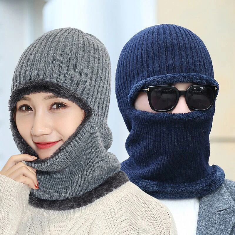 

Winter Thicken Coral Fleece Scarf Cap Warm Knitted Women's Hat Leisure Double Unisex Layer Tactical Cs Balaclava Beanie Hats