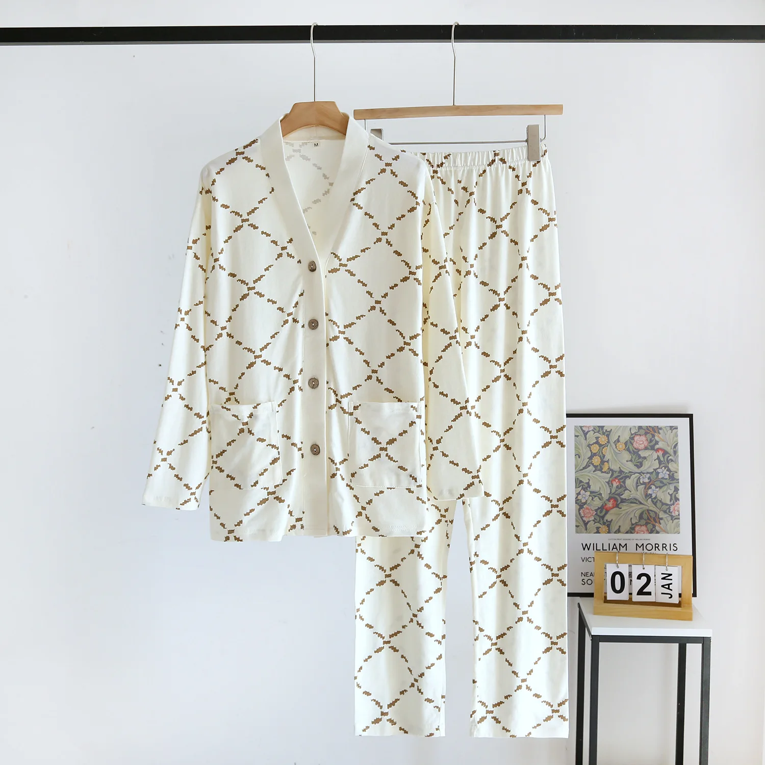 2023 New Spring/Summer Women's Pajama Set 100%Cotton Ladies Diamond Plaid V-Neck Long Sleeve Pants Two Piece Home Suit Sleepwear