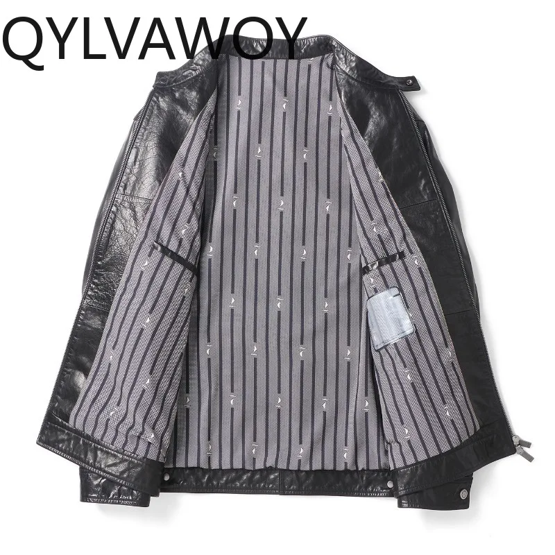 Фото QYLVAWOY Кожаная куртка из натуральной кожи для мужчин, с воротником-стойкой, весенне-осенняя мотоциклетная куртка, модная мужская куртка (Chaqueta Hombre) №3