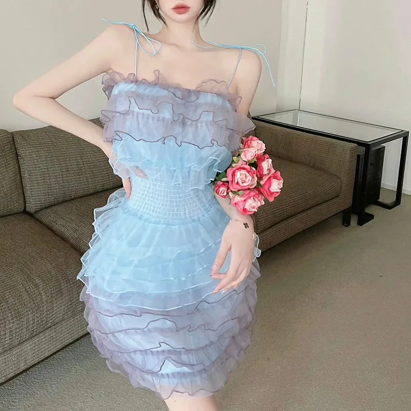 

Женское платье на бретельках с градиентом, сексуальное романтичное платье на бретельках с воротником-петлей и оборками, лето 2022