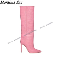 moraima snc candy color pink slip on stone print boots for women knee high boots stilettos high heels runway shoes on heels