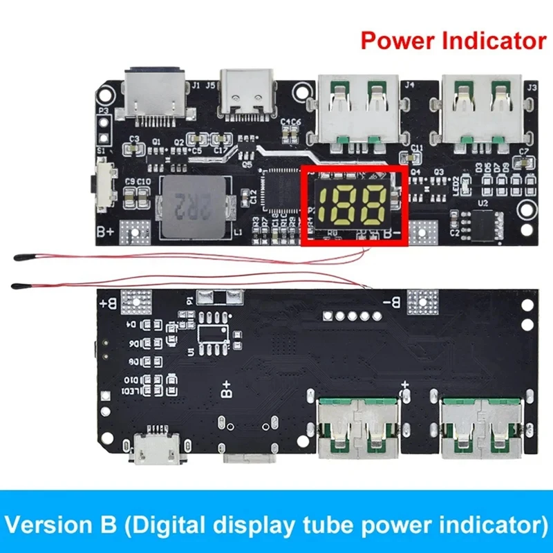 Внешний аккумулятор QC4.0 QC3.0 светодиодный с двумя USB-портами 5 В 22 А 18650 Вт Micro/Type-C USB