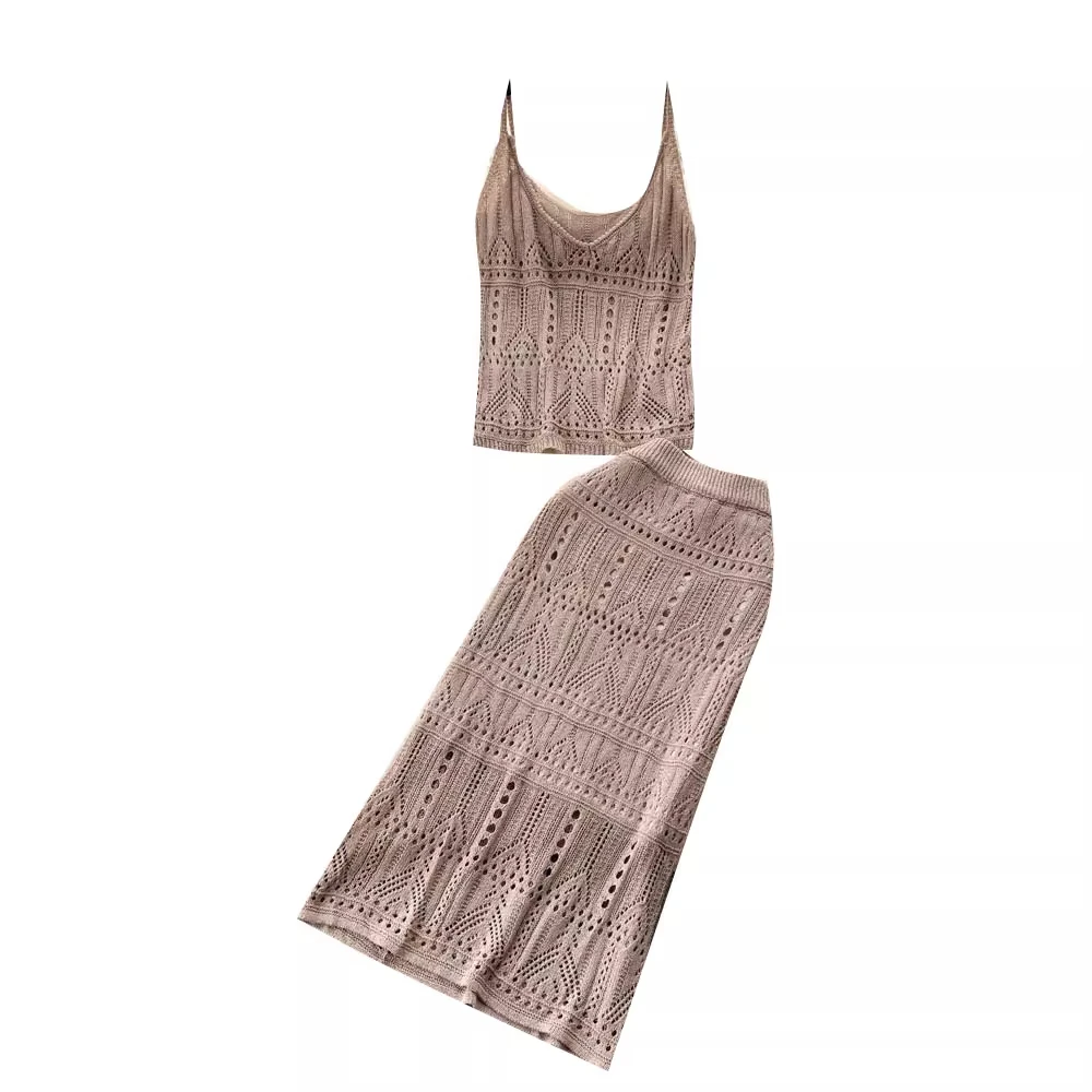 

Женский трикотажный костюм с юбкой, винтажный комплект из двух предметов с вырезами, укороченный топ на бретельках с V-образным вырезом и длинная юбка с поясом на резинке, лето