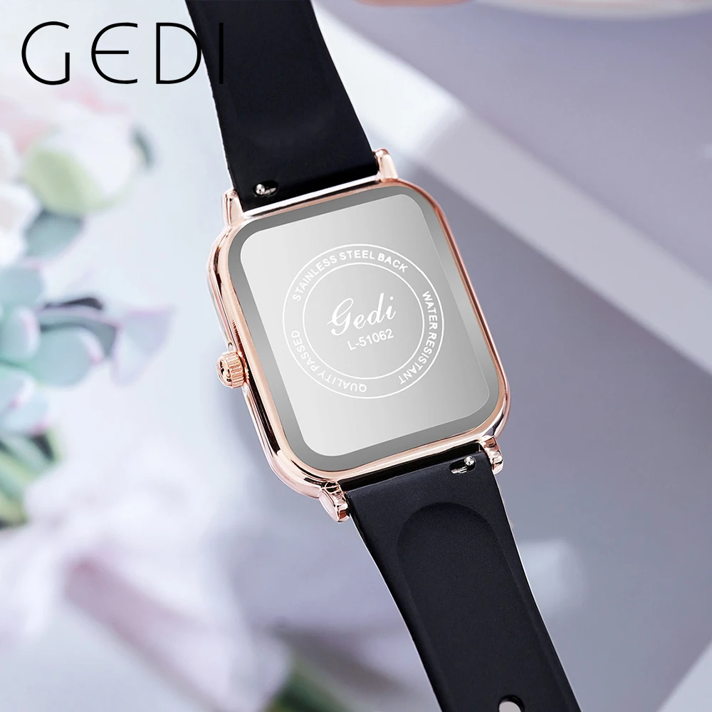 GEDI Women Men Unisex Watch Silicone Strap 30m Waterproof Rectangle Ladies Fashion Quartz Wristwatches Trend Gifts Dropshipping