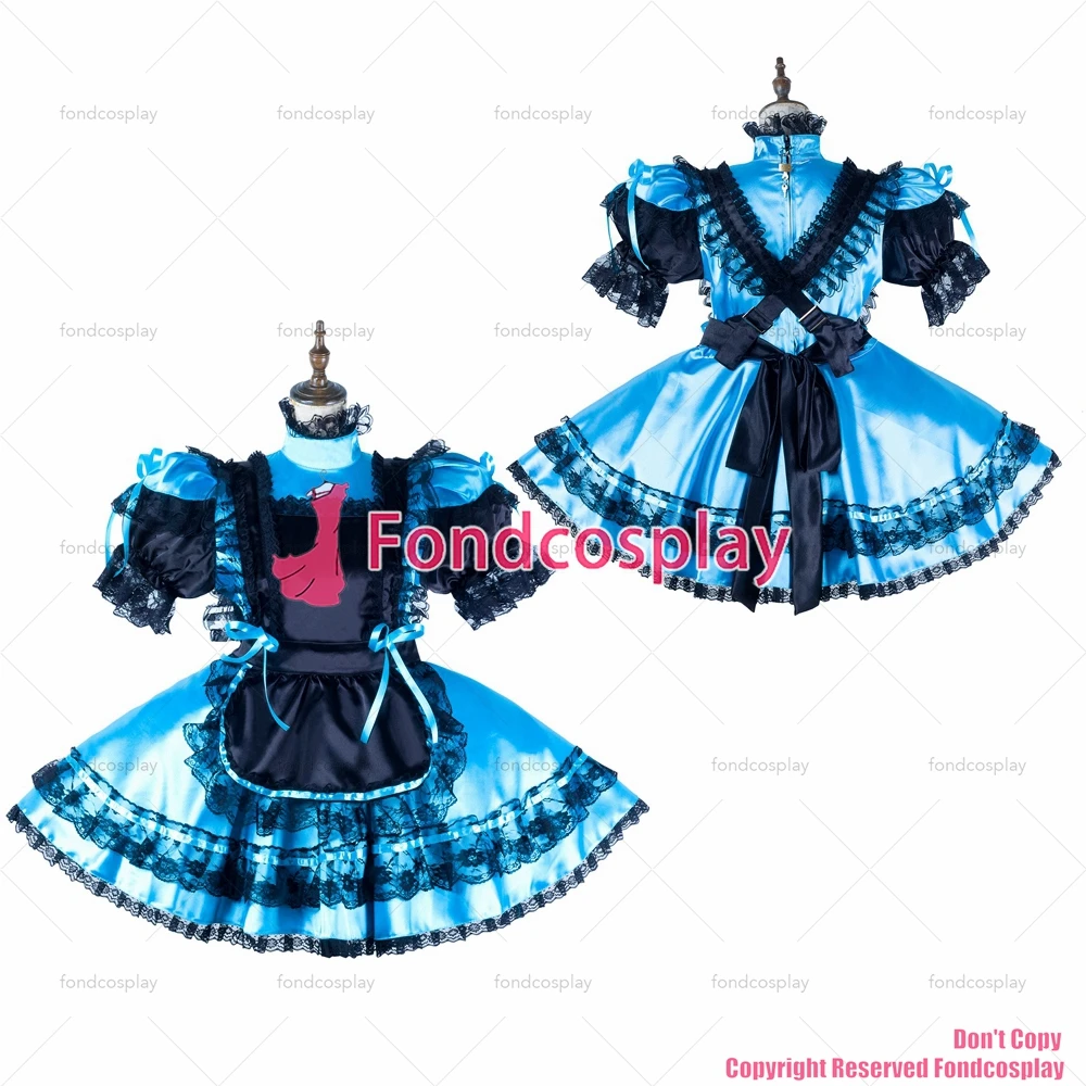 

Сексуальная одежда для взрослых fondcosplay с перекрестными бретелями, Короткое синее атласное платье с защелкой, черный фартук, Униформа, костю...