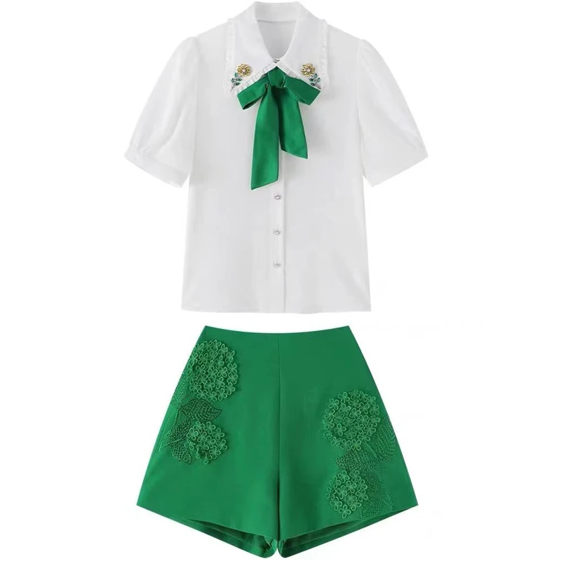 

Женский комплект RoosaRosee из двух предметов, роскошная белая блузка с бантом и зеленые шорты с трехмерными цветами, летний костюм-двойка