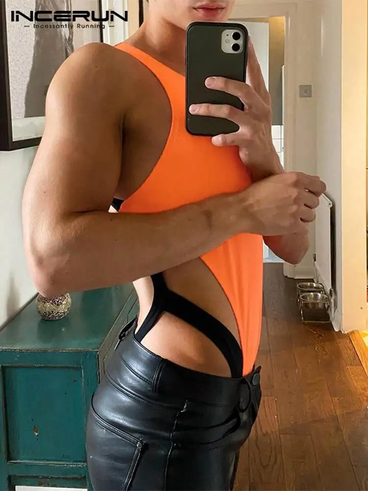 

Fashion Well Fitting New Men's Jumpsuit Sexy Casual Male Hot Sale Rompers Patchwork Color Mesh Sleeveless Bodysuits INCERUN 2022