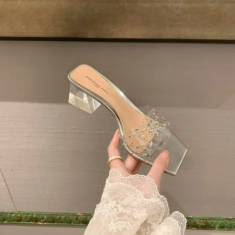 

Шлепанцы женские блестящие, мягкая ткань, квадратный носок, прозрачная подошва, квадратный каблук, квадратный каблук, блестящие, римские сандалии с кристаллами, лето 2023