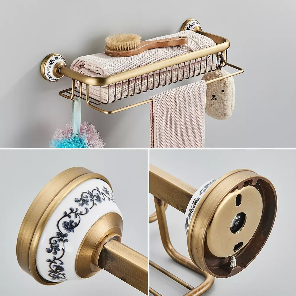 

Bathroom Accessory Antique Brass Luxury Paper Holder Toilet Brush Rack Commodity Basket Shelf Soap Dish Towel Ring & Hair Dryer