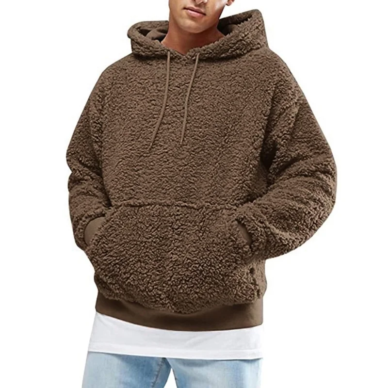 

Men Boys Winter Thicken Plush Long Sleeve Sweatshirt Pullover Drawstring Hoodie Tops with Pocket Fluffy Kangaroo Outwear S-3XL