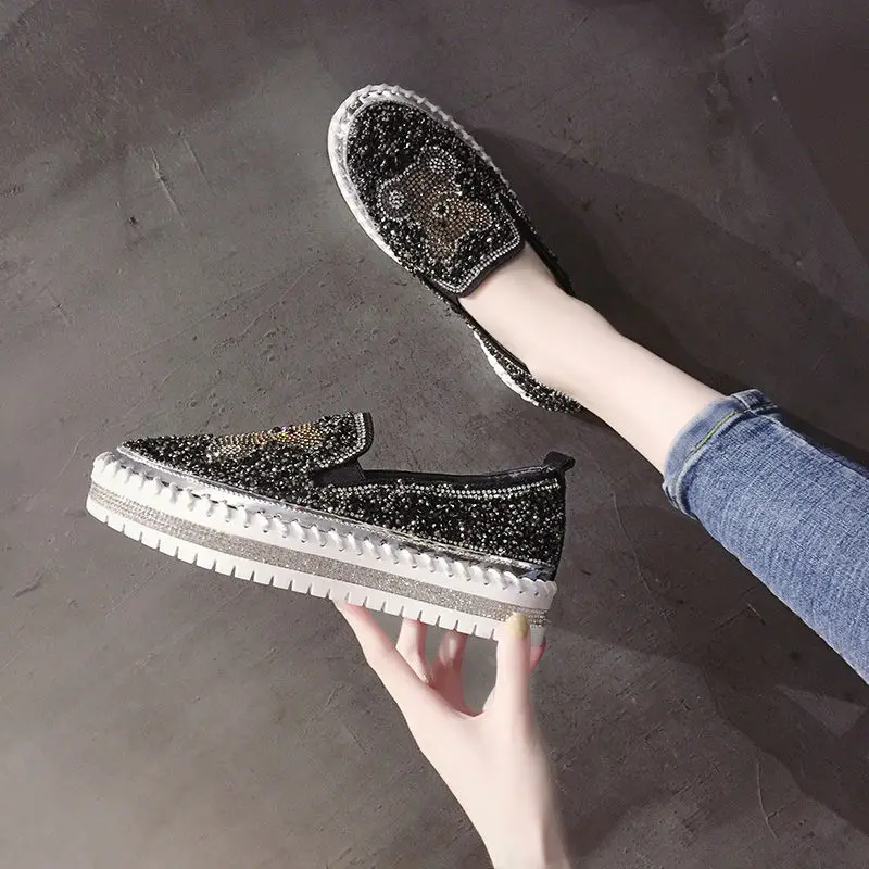 Autumn Women Thick Bottom Sneaker Running Fashion Designer Woman Shoes Trend 2023 Casual Canvas Mirror Luxury Rhinestone Spring