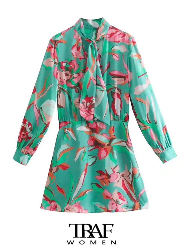 

Женское мини-платье с бантом и цветочным принтом, с длинным рукавом