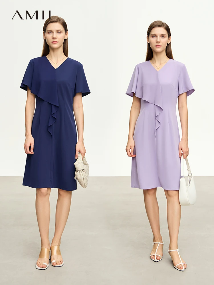 Amii Minimalism Women Dress 2023 Summer New Slim V-Neck Butterfly Sleeve A-LINE Chiffon Dresses Office Lady Vestidos 12322150