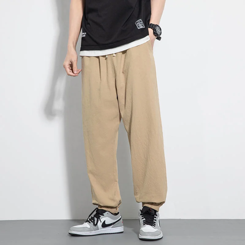

MrGB Chinese Style Cotton Linen Men's Solid Casual Joggers Pants Baggy Oversized Male Casual Vintage Trousers Elastic Waist