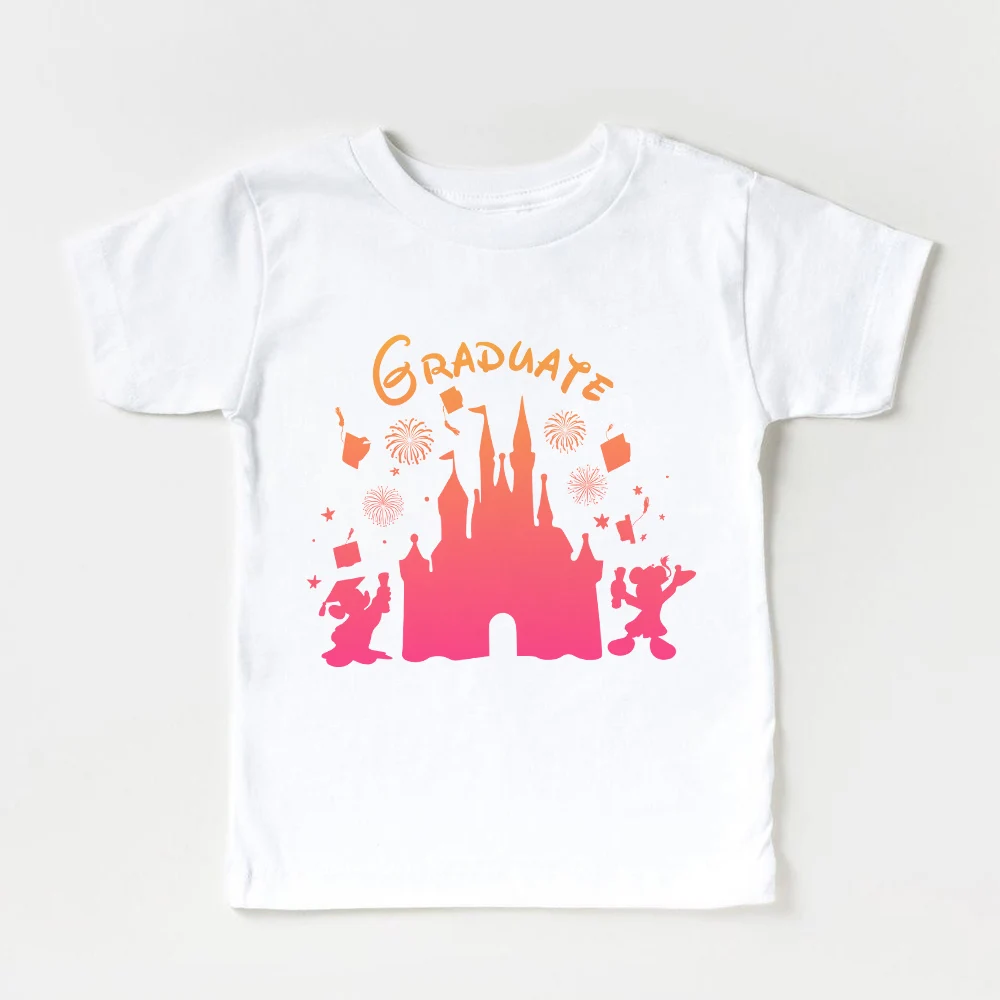 

Graduate Style Disney White Kids T Shirt Unisex Girl Boy Mickey Mouse Print 3-8T Size Short Sleeve Child Tops Tee Casual Clothes