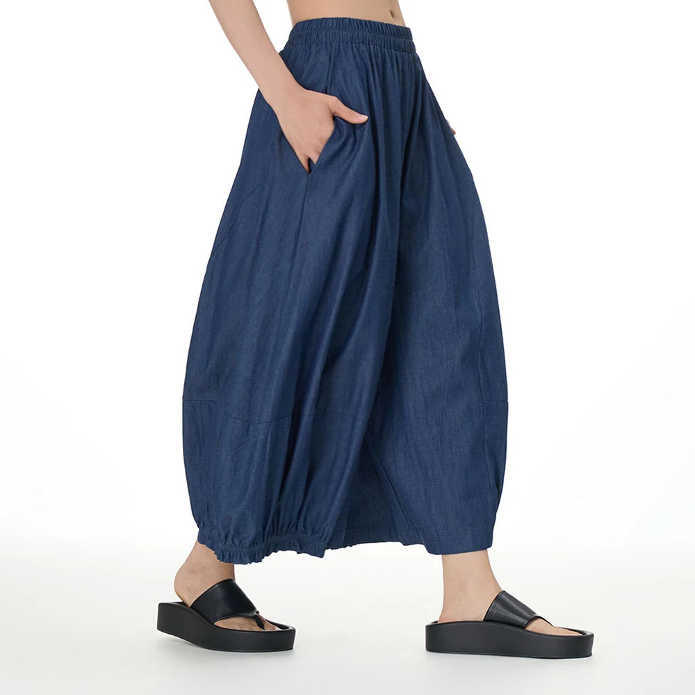 Cute Pleated Hem Cotton Wear Loose Pants for Women Summer 2023 Casual Harajuku Wide Leg Trousers Denim Color Capri Pants