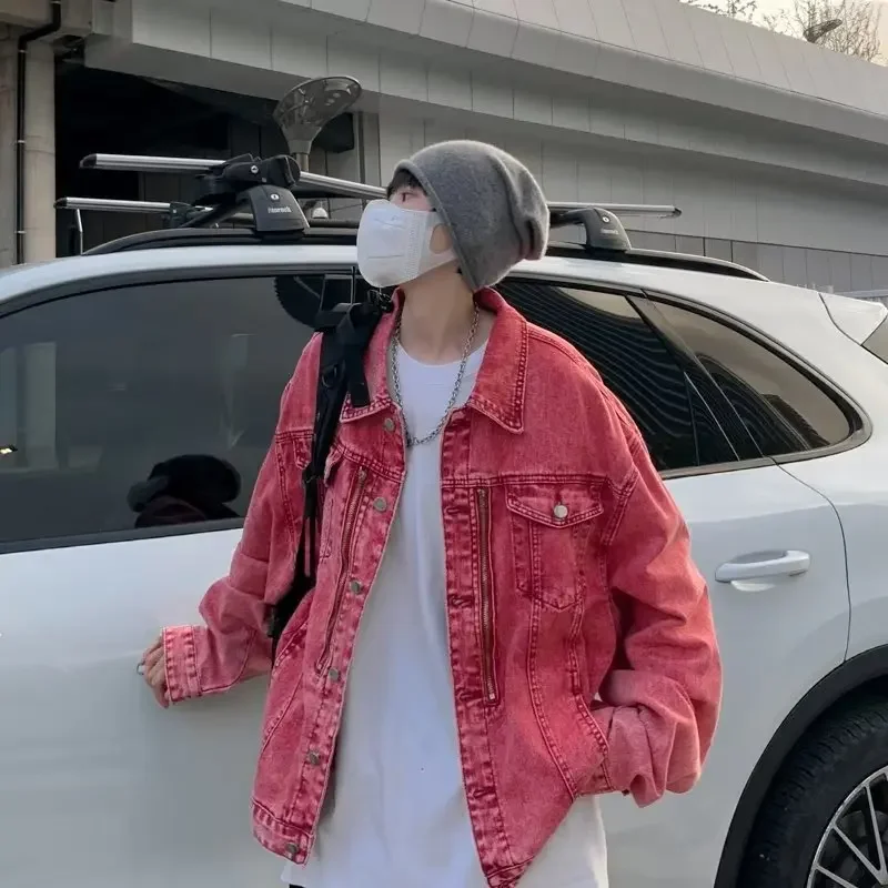 Мужская джинсовая куртка розовая укороченная в винтажном американском стиле с