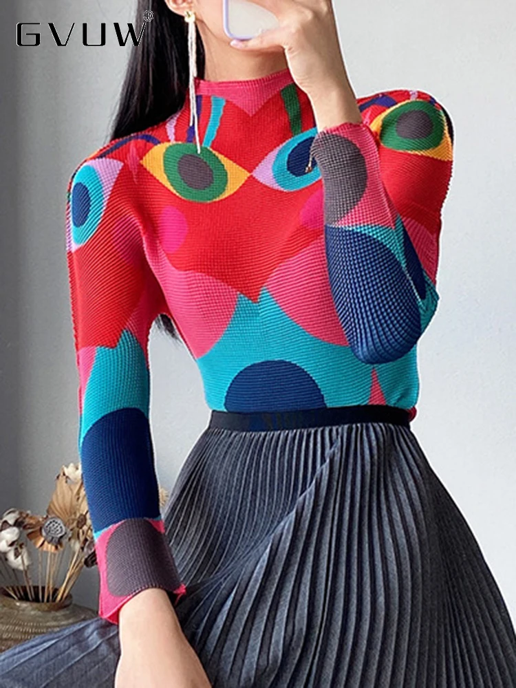 

GVUW New Pleated T-shirt Women's Fashion 2023 Autumn Printing Elastic Slim Mock Neck Long Sleeve Bottom Clothing Female 17G2080