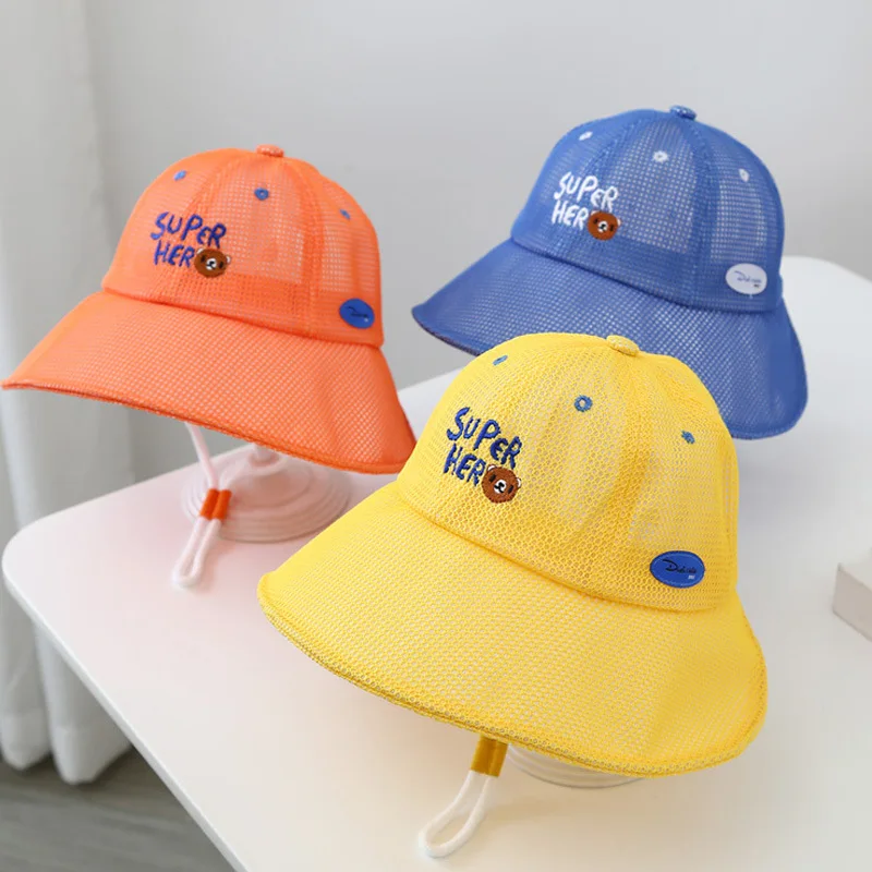 

Baby Mesh Net Hat Summer Breathable Sun Basin Cap for Boys Girls Cartoon Big Eaves Bucket Hats Beach Children Fisherman Caps