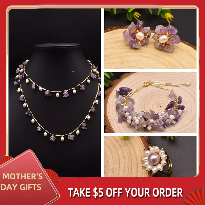 

GLSEEVO Purple Gemstones Natural Baroque Fresh Water Pearl Women Bracelet Earrings Necklace Ring Set Fashion Luxury Fine Jewelry
