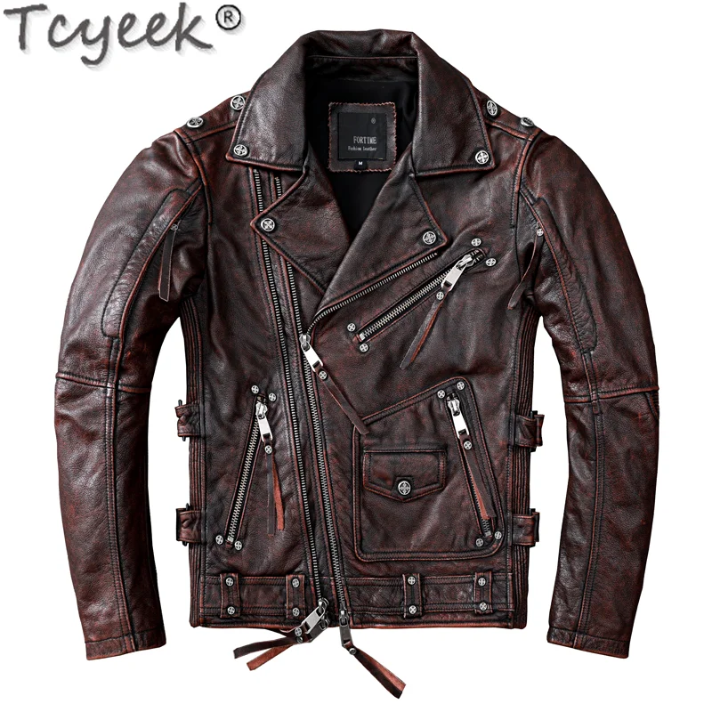 

Tcyeek Streetwear Natural Real Cow Leather Coat Men Clothes 2022 Motorcycle 100% Genuine Leather Jacket Man Hommes Veste 1928