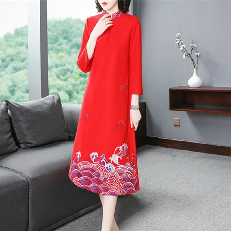 Красное платье-Ципао в китайском стиле с длинным рукавом зимнее теплое флисовое