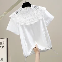crocheted hollow lace contrast patchwork striped short sleeved shirt women 2022 summer new korean style loose pullover blusas