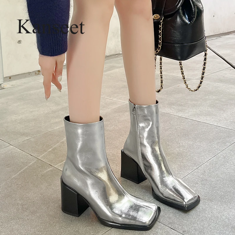 

Женские ботильоны из натуральной кожи Kanseet, модные ботинки на высоком каблуке с квадратным носком и молнией, серебристые ботинки на осень и зиму, 40